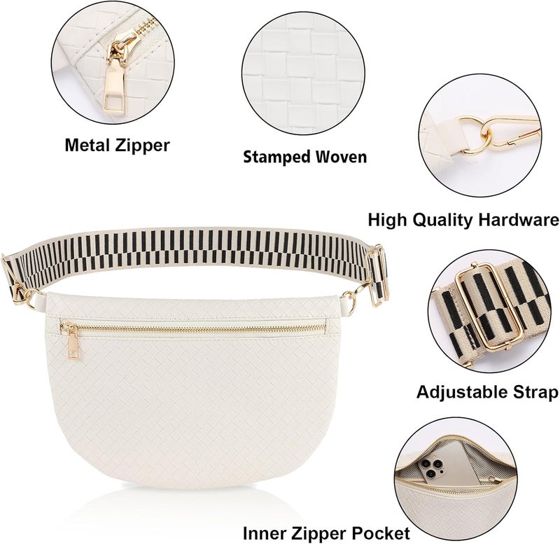 Dealkion Woven Crossbody Bags for Women Leather Belt Bum Sling Purse Fanny Waist Pack Chest Shoulder Bag for Women-Cream - Image 3